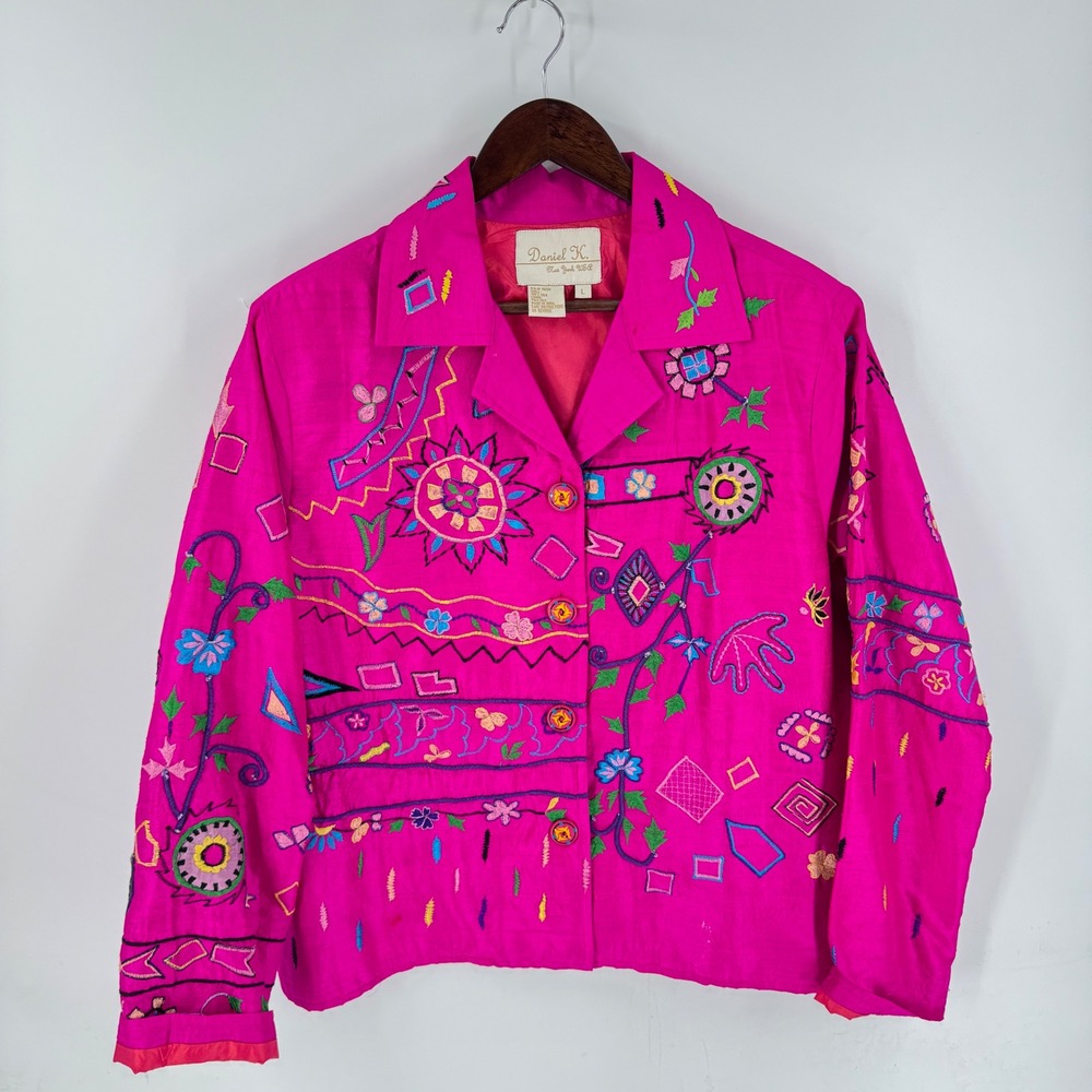 Daniel K Hot Pink Emboridered Silk Jacket Size L Boho Artistic Statement Blazer‎